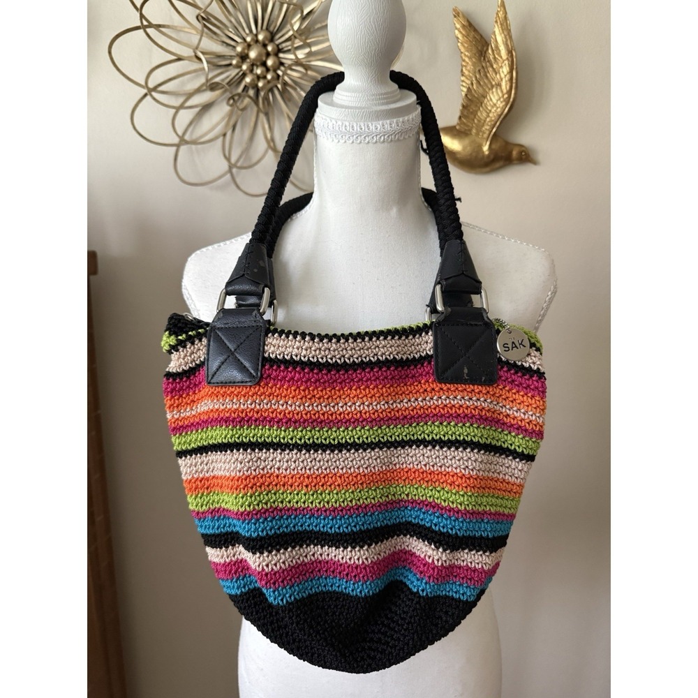 The Sak‎ Multicolor Crochet Knit Hobo Shoulder Bag Boho Striped Handbag
